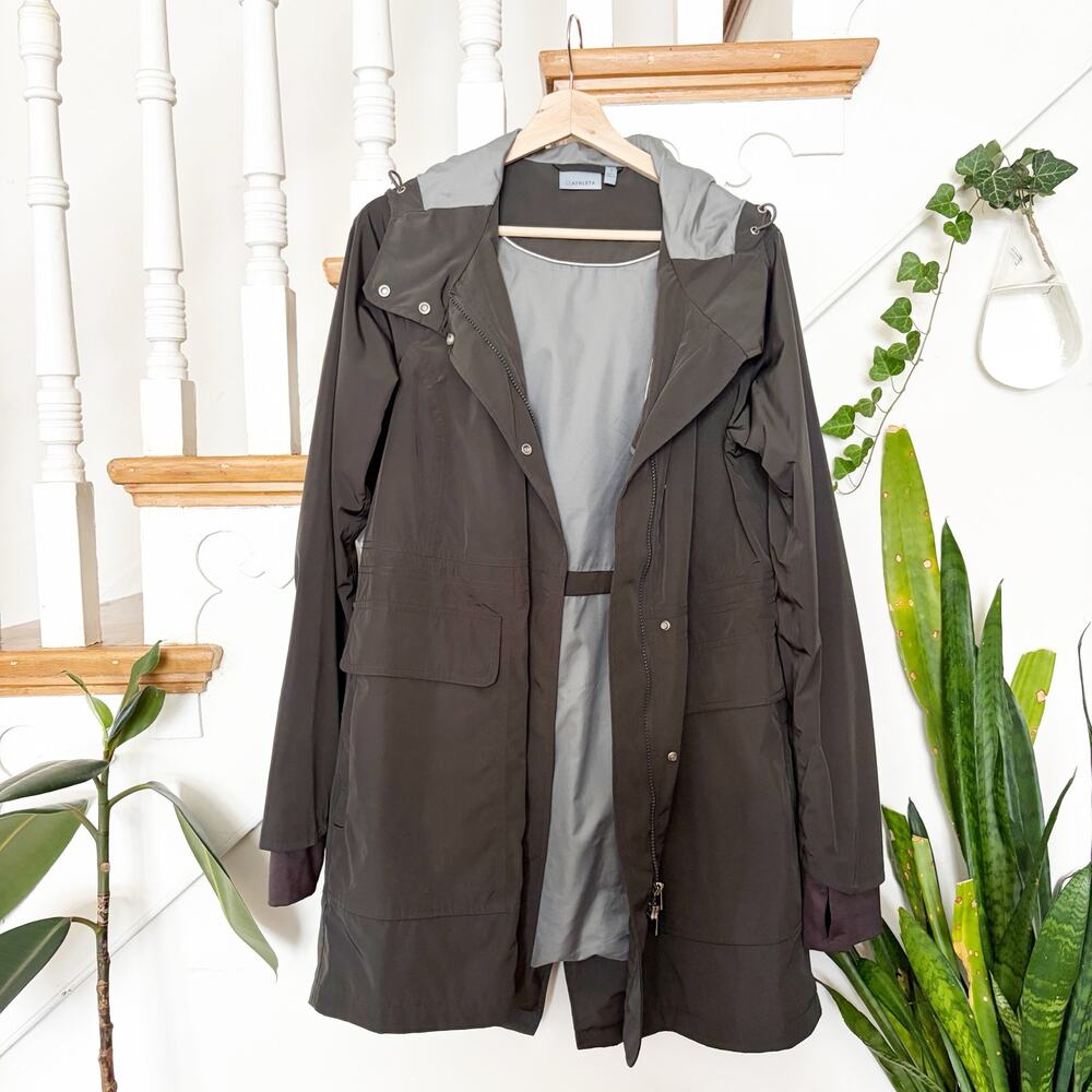 Athleta Women's Elemental Rain Jacket Dark Green Hooded Long Parka Coat Size S